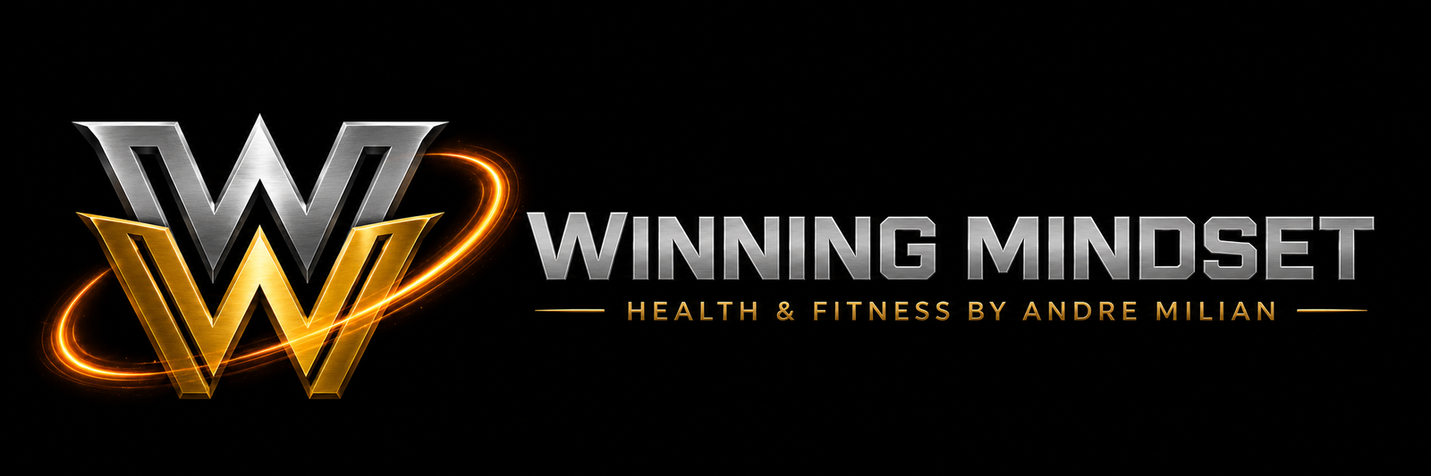 Metallic silver and gold double W Winning Mindset logo with glowing orange energy ring on a black background.